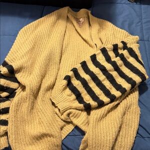 Women's Mustard Yellow Knit Cardigan with Black Striped Sleeves
